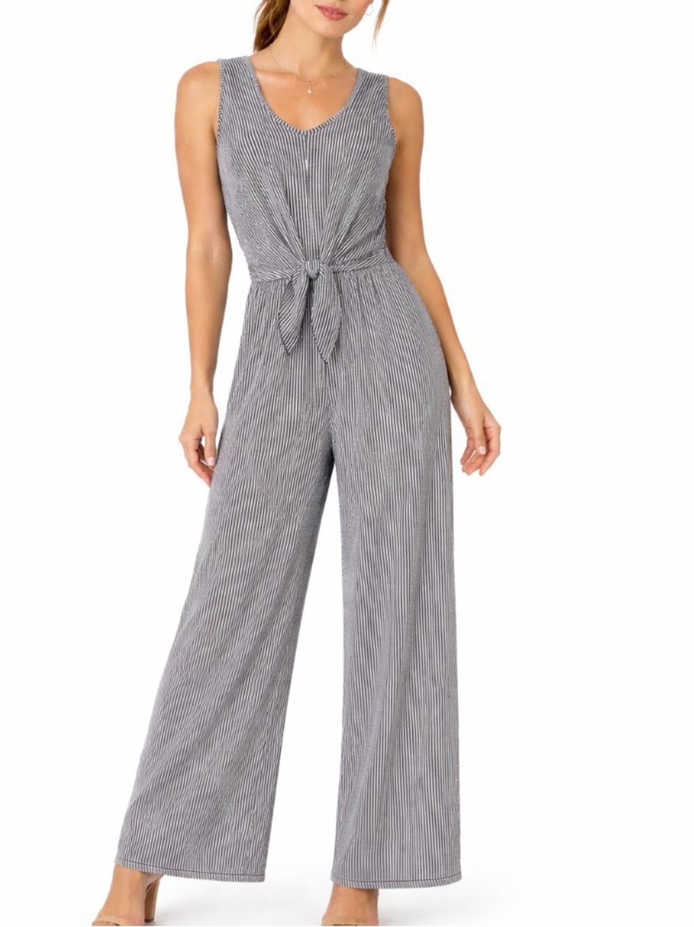 Caution to the Wind jumpsuit romper Navy blue striped tie waist V-neck wide leg